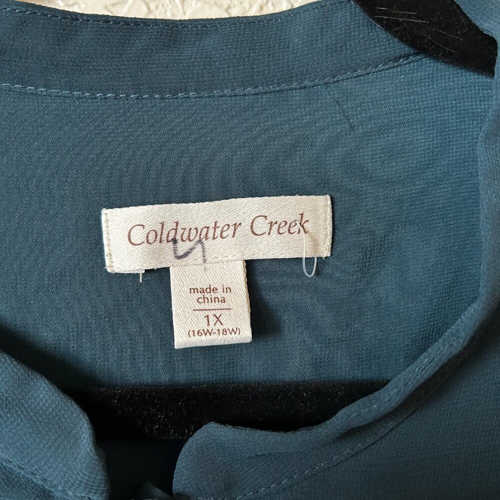 Plus Teal Romantic Button Down Blouse Velvet Chiffon Whimsygoth 1X - Picture 6 of 6